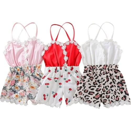 2021-04-05 Lioraitiin 1-5Years Toddler Girls Casual Sleeveless Playsuit Printed Pattern Boat Neck Lace Hem Pink/ White/ Red