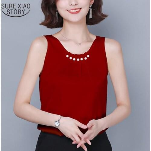 Simple Sleeveless Tops Female Satin Tshirts Womans Chiffon 2021 Fashion Women Camisole Korean Solid Beading Base Shirts 10077