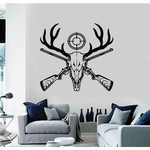 Deer head vinyl wall decal double rifle animal forest deer head hunting enthusiast vacation room decoration wall sticker SL02