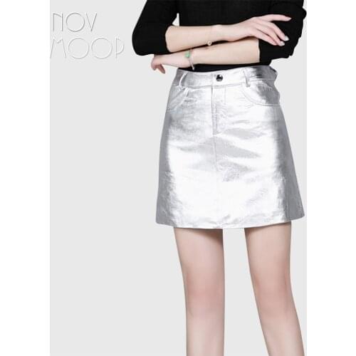 2018 Fashion women pink silver genuine leather real lambskin patent leather A-Line skirt faldas mujer etek jupe plus size LT2626
