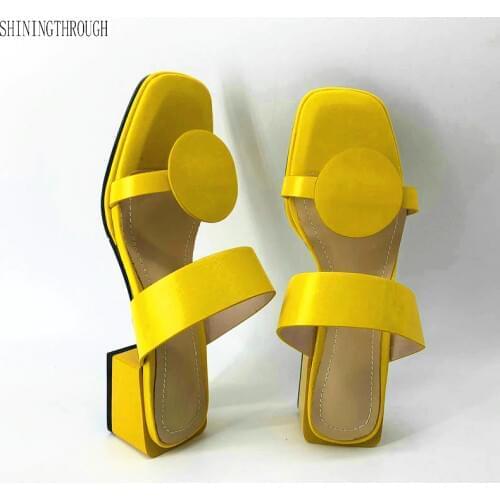 New women slippers pu leather 4.2cm square heels slipper open toe women sandals pink blue yellow ladies casual shoes woman 32-48