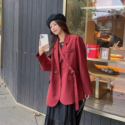 Women Blazers Spring Autumn Double Breasted Splice Ribbon Slim Casual Wine-red Suit Jacket Lady Elegant Korean Blazer Coat W26