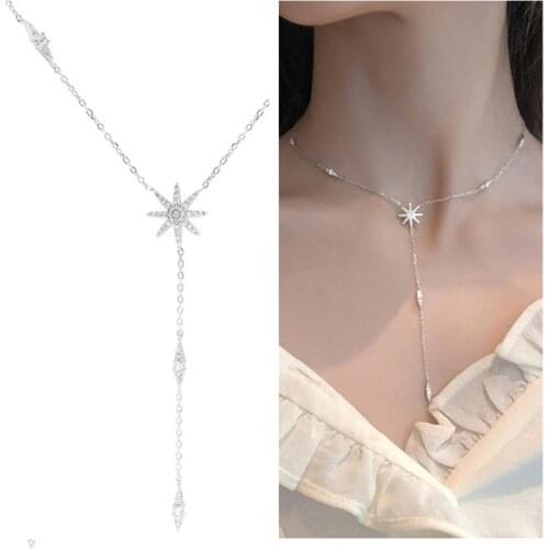 Shiny Crystal Snowflake Pendant Necklace Girl Jewelry Pure Silver 925 Women Choker Necklace Female Princess Christmas Gift