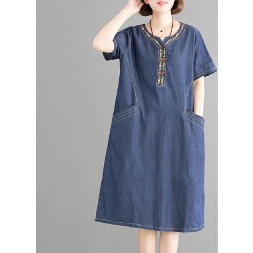 Short sleeve Embroidered Denim Dress Female Summer 2021 New Fashion Loose V-neck Denim dress With pocket Casual Female Clothing