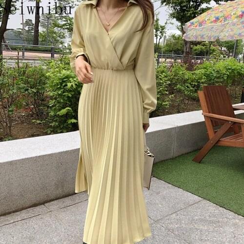 Seiwnibu V Neck Cross Design Solid Dress Women High Waist Hip Draped A Line Long Vestidos Spring 2021 Mew Long Sleeve Robe
