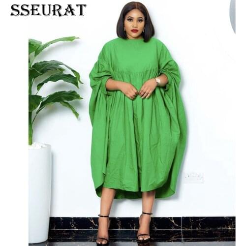 SSEURAT Women Loose Dresses O Neck Pleated Casual Fashion Large Size Ladies Female African Fashion Spring Summer New 2021