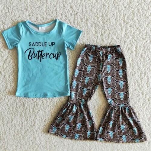 2021 in stock Wholesale 2pcs girls spring holiday wear clothes white Leopard short sleeve Top bell Pants Boutique Outfit NO MOQ