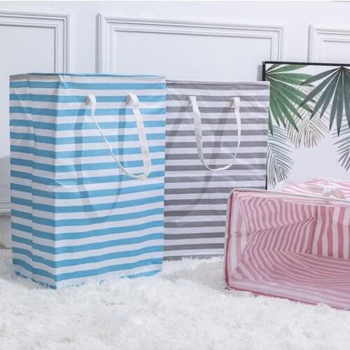 72L Clothes Storage Basket Household Fabric Foldable Moisture Proof Striped Laundry Basket Large Dirty Clothes Storage Basket
