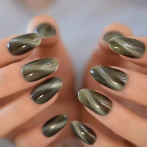 Shimmer Glitter Cats Eye Wearable Finger Fake Nails Press on Grey Aurora Effect Full Cover Summer Patch Fake Fingernail tips