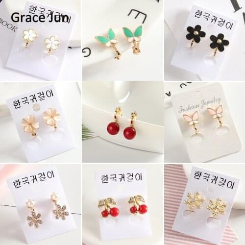 Grace Jun Korea Style Flower Rabbit Butterly Enamel Clip on Earrings Non Piercing for Girls Party Cute Ear Clip