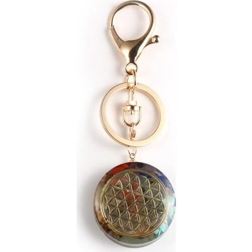 Healing Yoga Natural Chip Chakra Stone Round Energy Orgonite Keychain Reiki Car Bag Key Chains For Men Women Gold Orgone Keyring