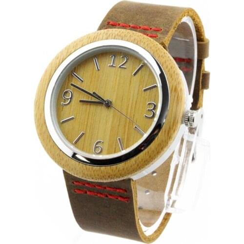 Dropshipping Japan Movement Oem Ladies Womens Engraved Bamboo and Metal Watch with Leather Strap and Numbers