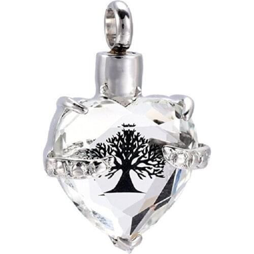 IJD9790 Clear Crystal Heart Cremation Pendant Hold Small Amount Ashes,Tree of life Keepsake Memorial Urn Necklace for Women