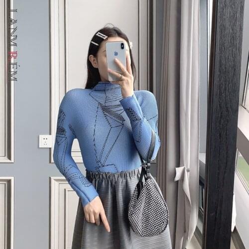 LANMREM Fashion New Womens Pleated Tops Long Sleeve Elastic Fabric Turtleneck Slim Fashion T-shirt Basic Clothes Famale YK134