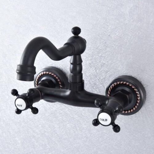 Oil Rubbed Bronze Wall Mounted Swivel Spout Bathroom Sink Faucet Double Handle Mixer Tap Wall Mounted Nsf741