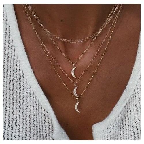 2020 Fashion Women Necklace Long Layered Necklace O-chain Moon Shape Small Discs Bohe Pendant Necklace for Women Jewelry