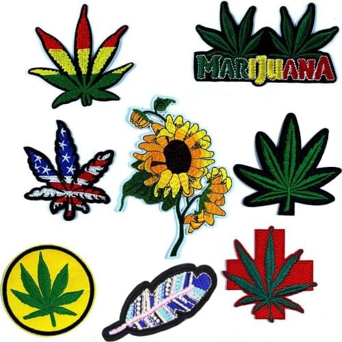 US Flag Flower Leaf Weed Feather Embroidered Iron On Patch Boho Hippie Retro Applique Heat Transfer Stickers Patches Badge