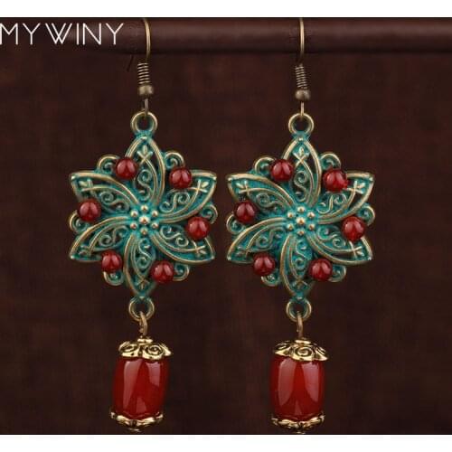 New handmade metal flowers painting earrings ,New Original nature stones exotic jewelry dangle earrings