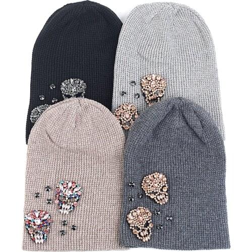 Adult Cashmere Beanie Hat With Skull Rhinestone Accessories Autumn Winter Warm Hat Adult Beanies Skull Cap