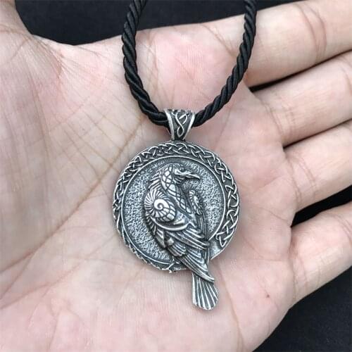 Drop Shipping Antiquing Double sided Rune Norse Talisman Viking Raven Pendant Black Bird Celt Crow Necklace Men Pendant Jewelry