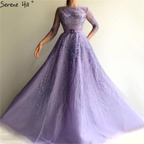 Serene Hill Purple Beading Sashes A-Line Evening Dresses Gowns 2021 Long Sleeves Luxury Elagant For Women Party LA70138