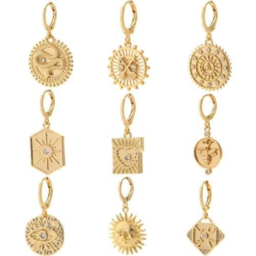 Hoop Earrings Female Cubic Zircon Eye Sun Heart Pendant Dangle Earrings for Women Gold Copper Ear Rings Party New Korean Fashion