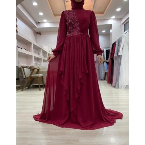 Chiffon Appliques Long Sleeve Muslim Evening Dress High Collar Dubai Arabic Hijab Long Formal Party Gowns Robe De Soire