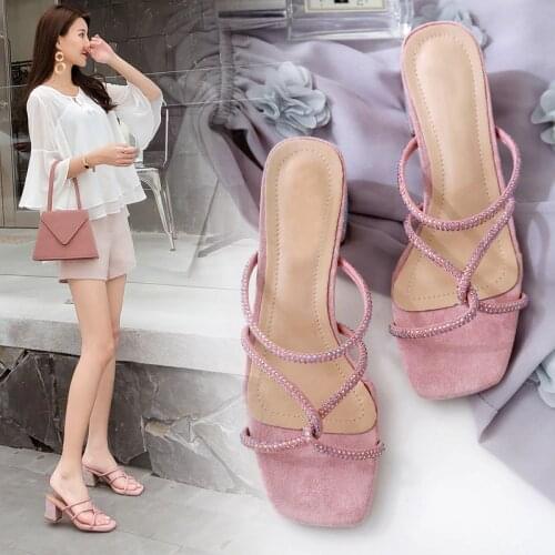 Crystal cross-tied slippers summer woman shoes thick high heels slides casual brief flip flops trendy korean femme zapatos mujer