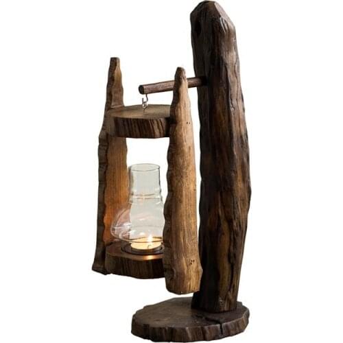 Thailand Wooden Candlestick Lamp Retro Glass Candle Holder Windproof Creative Table Wood Handmade Centro De Mesa Moroccan Decor