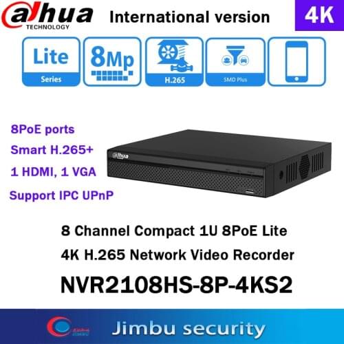Dahua Original NVR POE P2P NVR2108HS-8P-4KS2 8POE 8CH H.265 video recorder Up to 8Mp resolution P2P Max 80Mbps Muilt-language
