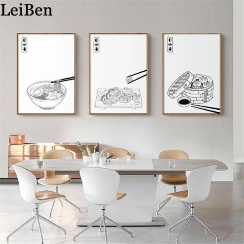 Japanese Food Line Art Canvas Painting Black White Sushi Noodle Poster Print Pictures for Dining Room Kitchen Home Decoration