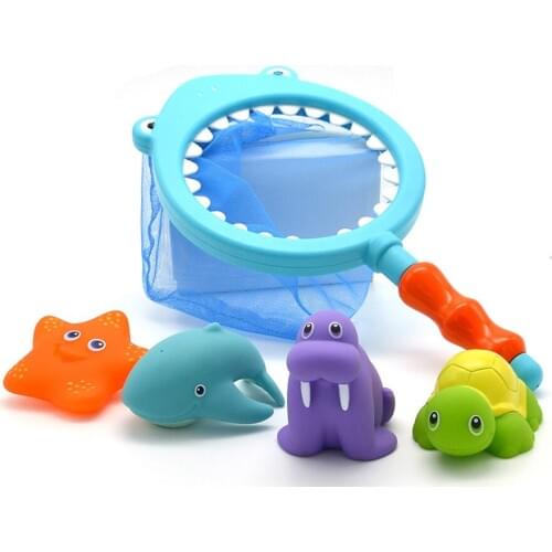 [Funny] Bath Toy Fishing game capture Spray dolphins Turtle Sea lions and Change color starfish Marine Animals set playing water