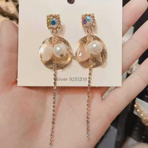 Han Guodong door earrings metal wafer series crystal long drill chain tassel eardrop female 925 needles
