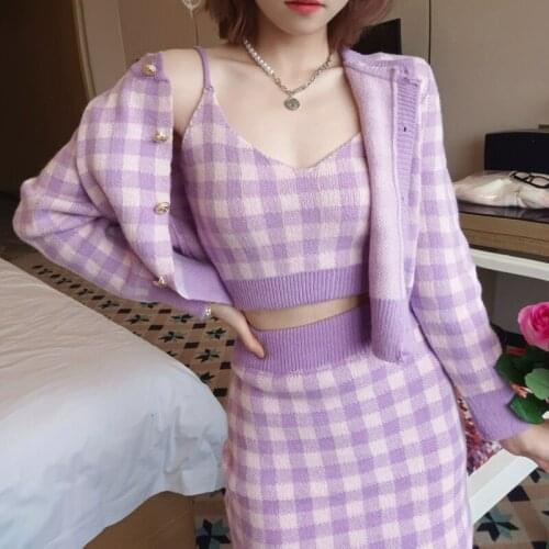 Autumn Winter New Women Plaid Knitted Three Piece Set Short Cardigan + Sexy V-Neck Strap Camisole + Mini Bodycon Skirt Suits