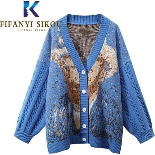 Cardigan Women Blue Knitted Sweater Jacket Autumn Winter Thick Warm Knit Coat V-Neck Fashion Embroidery Loose Sweaters Female