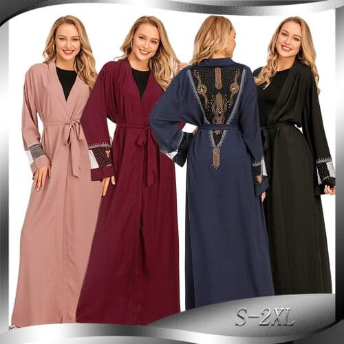 Women Mesh Stitching Rhinestone Cardigan Robe abaya dubai turkey muslim dress evening dresses