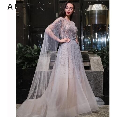 Silver-gray luxury long-sleeved fancy detachable two-wear evening dress 2019 new A-word sexy evening dress real photo
