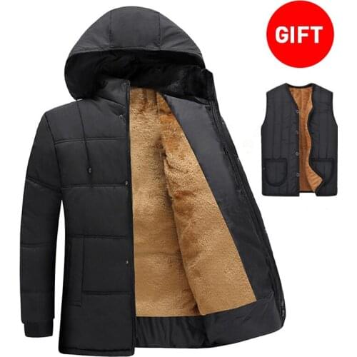 Winter Men Cotton Jacket Free Vest Middle Aged Warm Plus Velvet Daddy Male Hooded Business Outerwear Fashion Quality Clothes