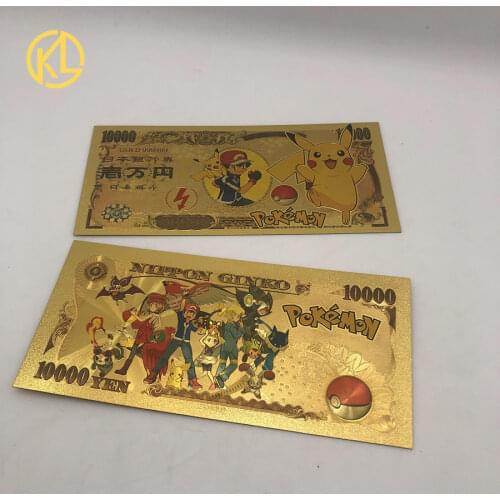 1-3pcs Pokemon CARDS Pikachu Pokeball gold banknote 10000 Yen Gold plastic Banknote for classic childhood memory Collection