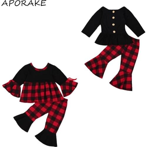 2020 0-4Y Kids Baby Girl Xmas Clothing Bow Flare Sleeve Dress/Button Tunic Top+Red Black Plaid Pants Fall Toddler 2pcs Outfits