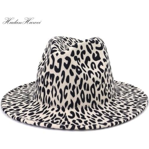 2021 Wholesale Leopard Print Flat Wide Eaves British Woolen Felt Fedora Hat for Women Men Fashionable Lepord Red Patchwork Hat