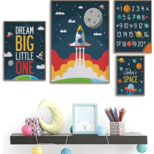 Alphabet Arabic Digit Space Ship Cartoon Wall Art Canvas Painting Nordic Posters And Prints Wall Pictures Baby Kids Room Decor