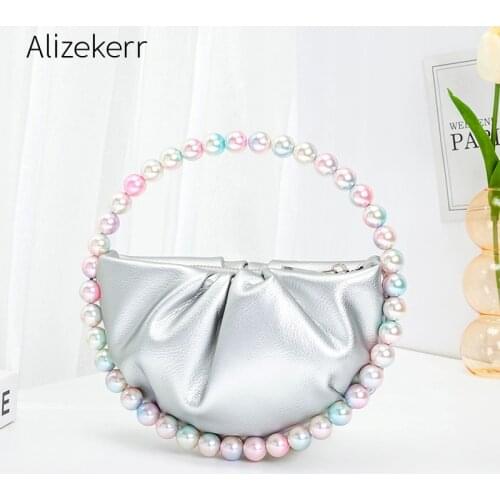 Colour Pearls Circular Fold Handbags Women 2021 New Elegant Designer Round Handle Kawaii Clutch Purses And Handbags High Quality