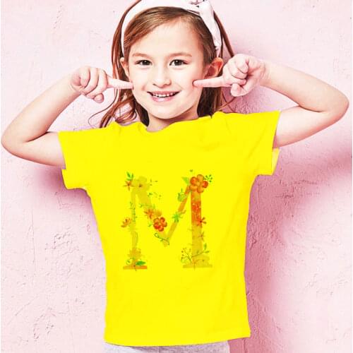 New Flower Letters Cartoon Graphic Boys T-shirt Girls T Shirt Kawaii Summer Yellow Kids Tops Tees Funny Harajuku Children Tshirt