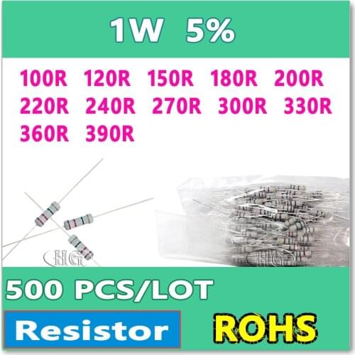 JASNPROSMA 500PCS/LOT 5% 1W 100R 120R 150R 180R 200R 220R 240R 270R 300R 330R 360R 390R carbon film DIP OHM Resistor
