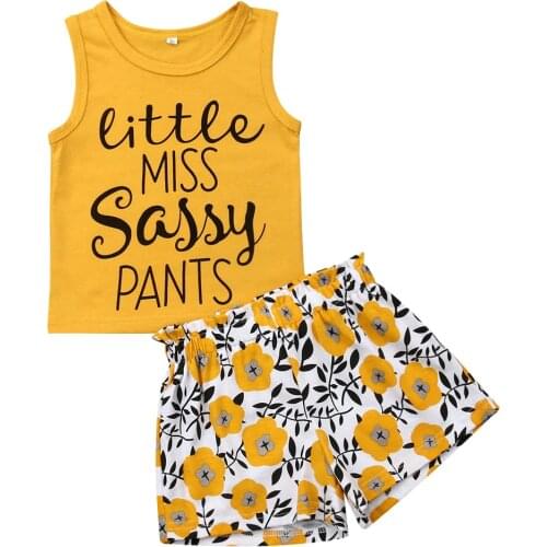 2021 New Summer 1-5Y Baby Girl 2Pcs Set LITTLE MISS SASSY PANTS Yellow Sleeveless Tank Top+Floral Shorts Outfit Clothes