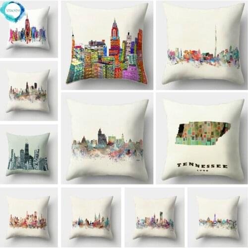 Colorful High City Building Print Decorative Pillow Case Bed Cafe Sofa Home Decor Polyester Square Cushion Cover 45X45CM
