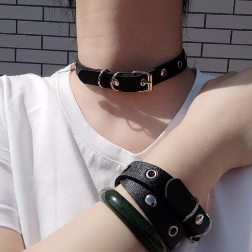 Black PU Leather Wristband Bracelet Cuff goth gothic bar punk Choker women men metal Collar cosplay can be adjusted Necklace
