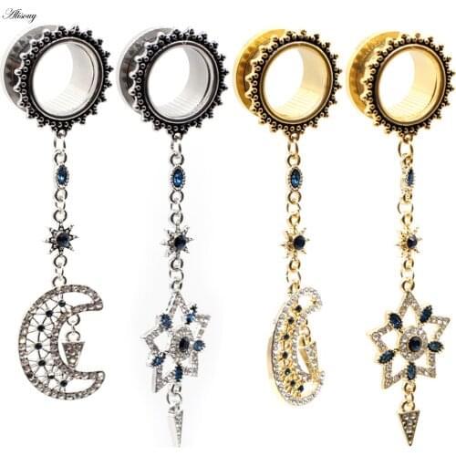 Alisouy 2pcs Star Moon Pendant Stainless Steel Ear Gauges Plugs Tunnels Expander Flesh Stretched Earrings Piercing Body Jewelry