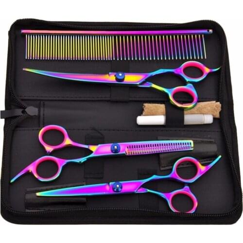 Professional 7-inch color pet scissors dog grooming comb combing hair, stainless steel pet cats and dogs 4 sets of haircut tools